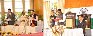 The Governor of Arunachal Pradesh Shri V. Shanmuganathan administering the oath of office and secrecy to the new cabinet ministers in the  Darbar Hall, Raj Bhawan, Itanagar on 14th January2017